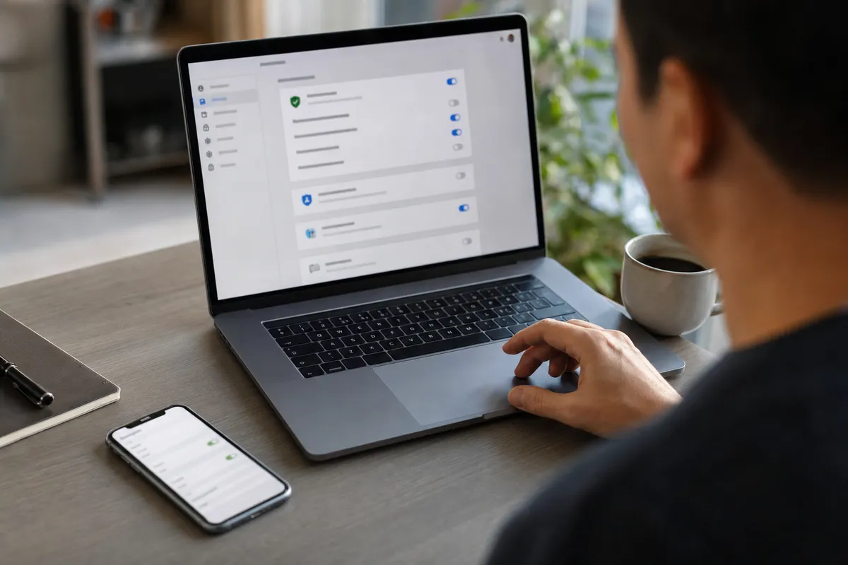 Persona al computer che controlla impostazioni privacy con interruttori su laptop e smartphone sul tavolo