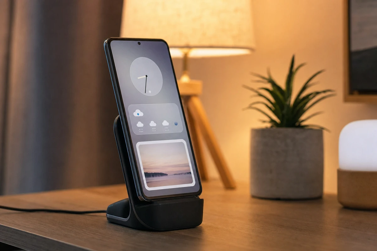 Smartphone in verticale su base di ricarica wireless con schermata salvaschermo, lampada e pianta sullo sfondo