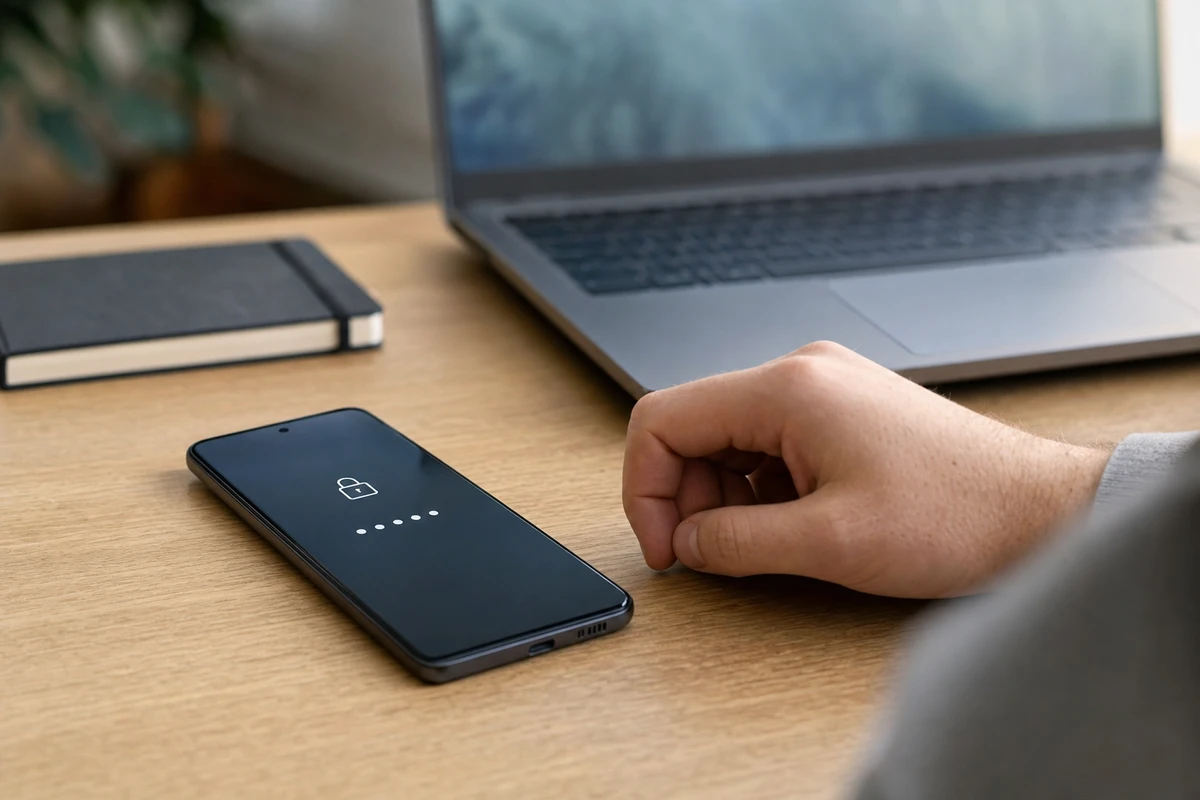 Smartphone su scrivania con icona di lucchetto e puntini PIN, mano appoggiata accanto, laptop sfocato sullo sfondo