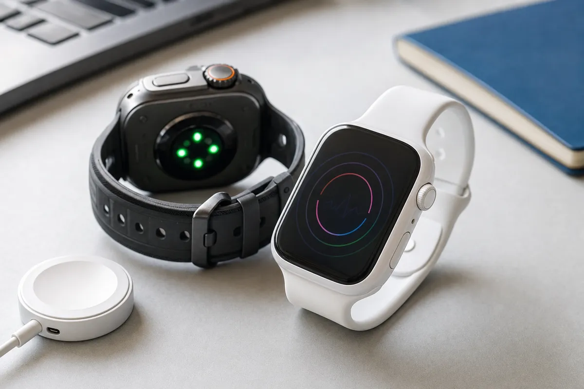 Due smartwatch su una scrivania grigia, uno bianco effetto ceramica e uno scuro con sensori verdi accesi, vicino a un