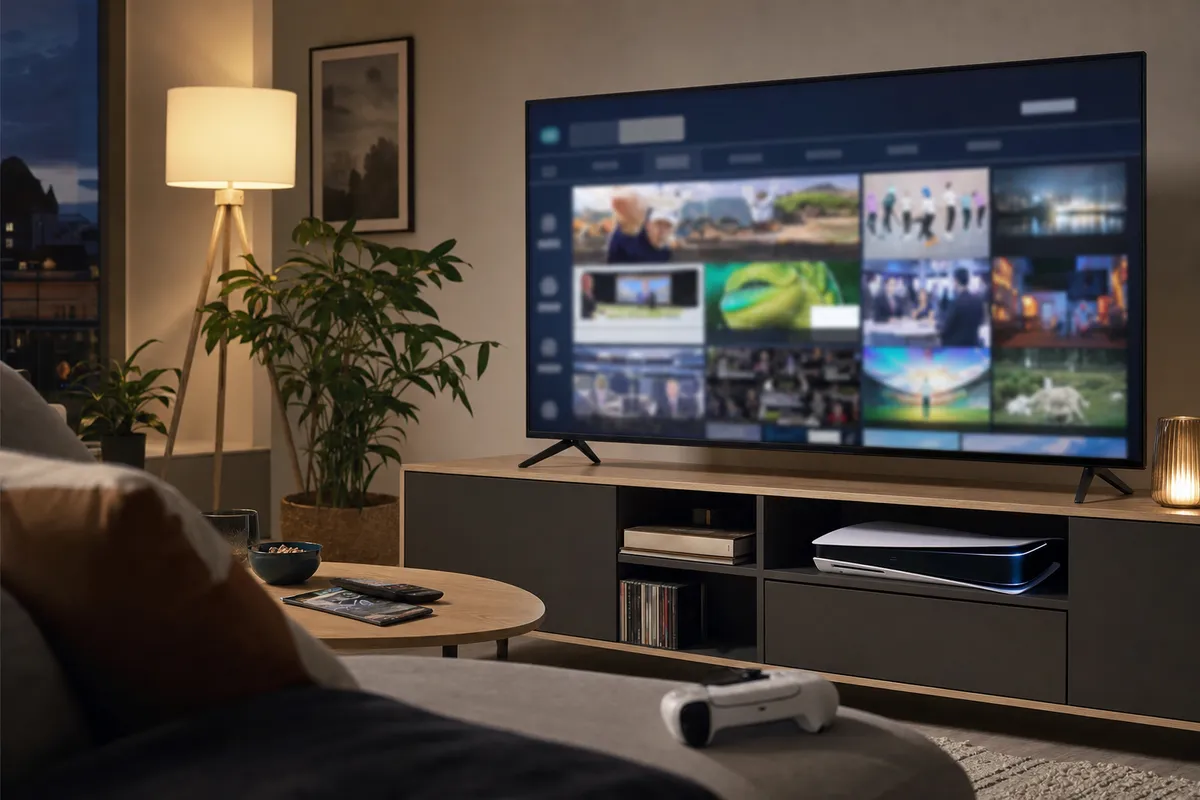 TV in salotto con interfaccia di canali in streaming e console da gioco nel mobile, con controller e telecomando sul tavolo