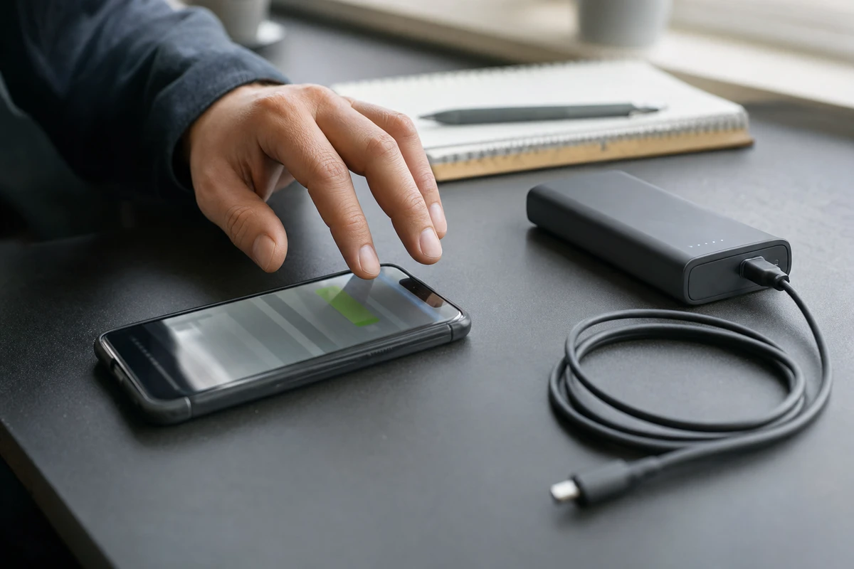 Mano che controlla lo smartphone sul tavolo accanto a power bank e cavo di ricarica