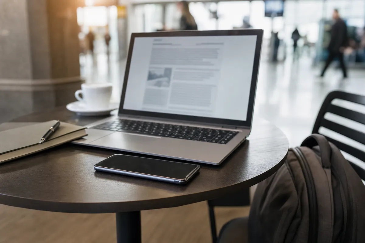 Laptop aperto e smartphone su un tavolino, con tazza di caffè, taccuino e zaino in un ambiente pubblico sfocato