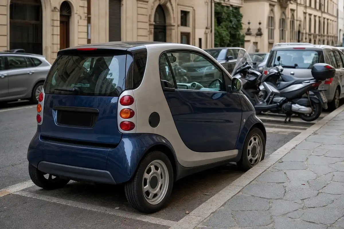 Piccola citycar biposto blu e grigia parcheggiata in uno spazio stretto su una strada urbana italiana