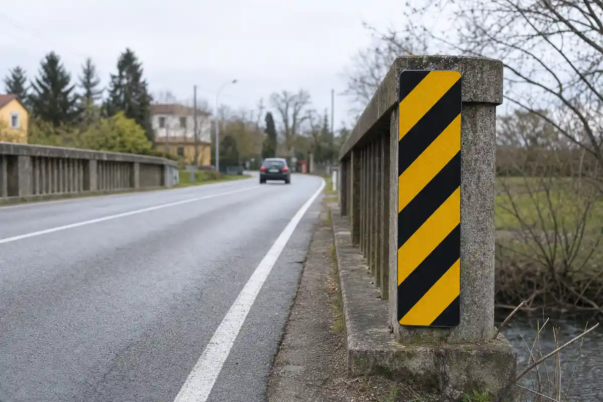 Pannello a strisce diagonali gialle e nere su un parapetto di ponte lungo una strada bagnata