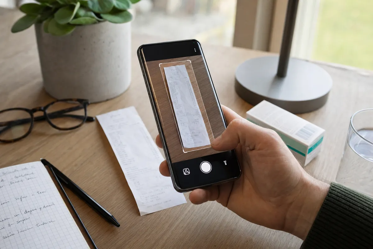 Mano che usa uno smartphone per scansionare uno scontrino su una scrivania con appunti, occhiali e lampada