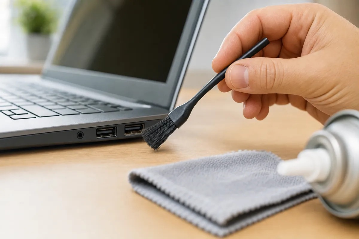 Mano che pulisce le porte USB laterali di un laptop con un pennellino, con panno in microfibra e aria compressa sul tavolo