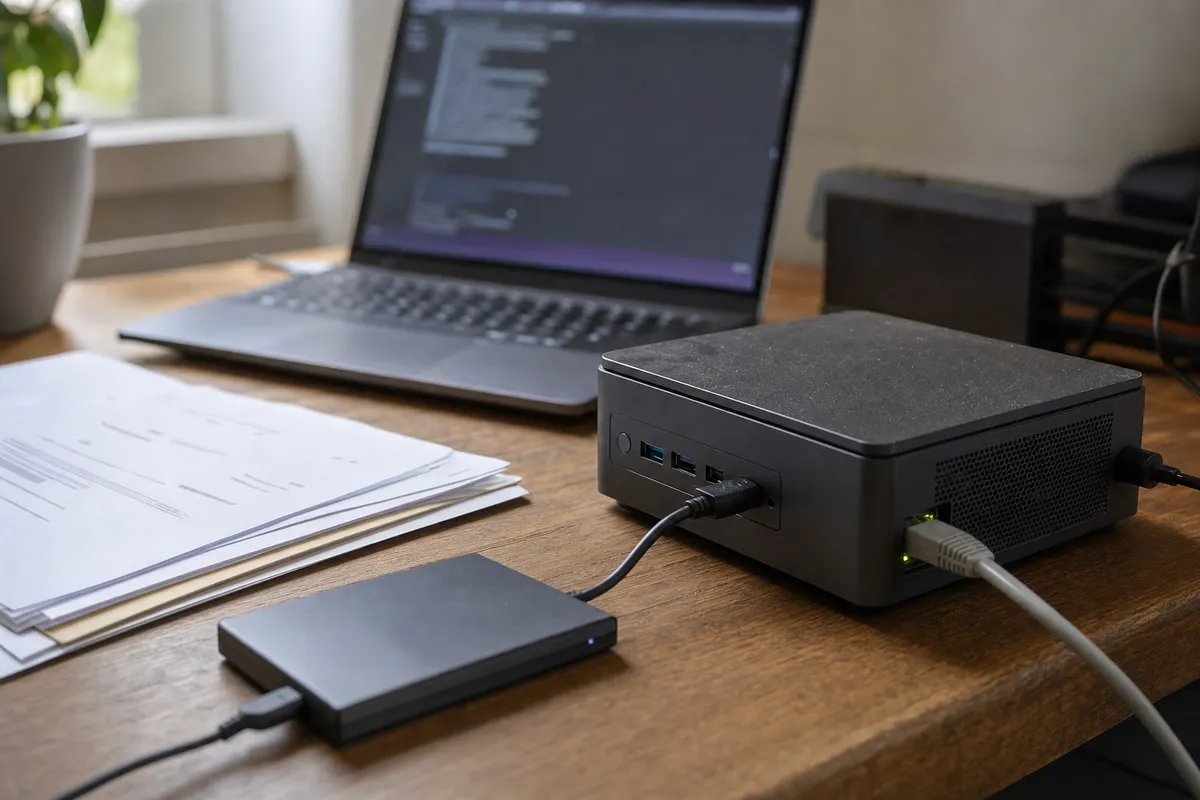 Mini PC compatto collegato via Ethernet su scrivania, con SSD esterno e laptop sfocato sullo sfondo