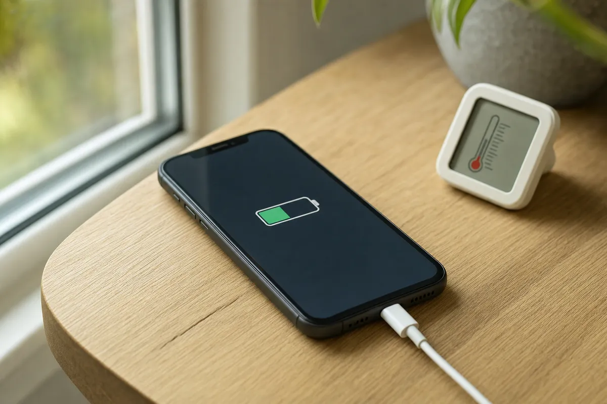 Smartphone in ricarica su tavolo di legno con icona batteria sullo schermo e piccolo termometro accanto