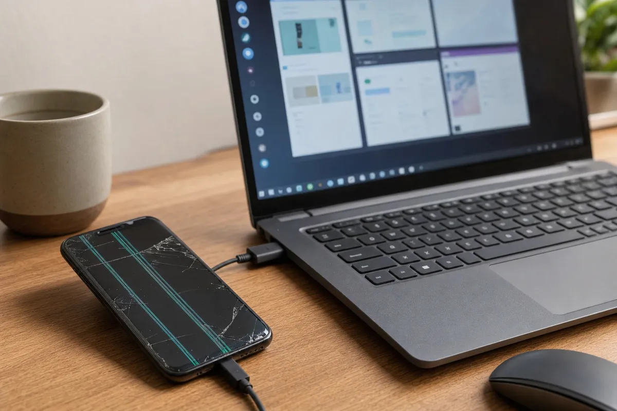 Smartphone Android con schermo rotto e linee verdi collegato via USB-C a un portatile Windows su una scrivania