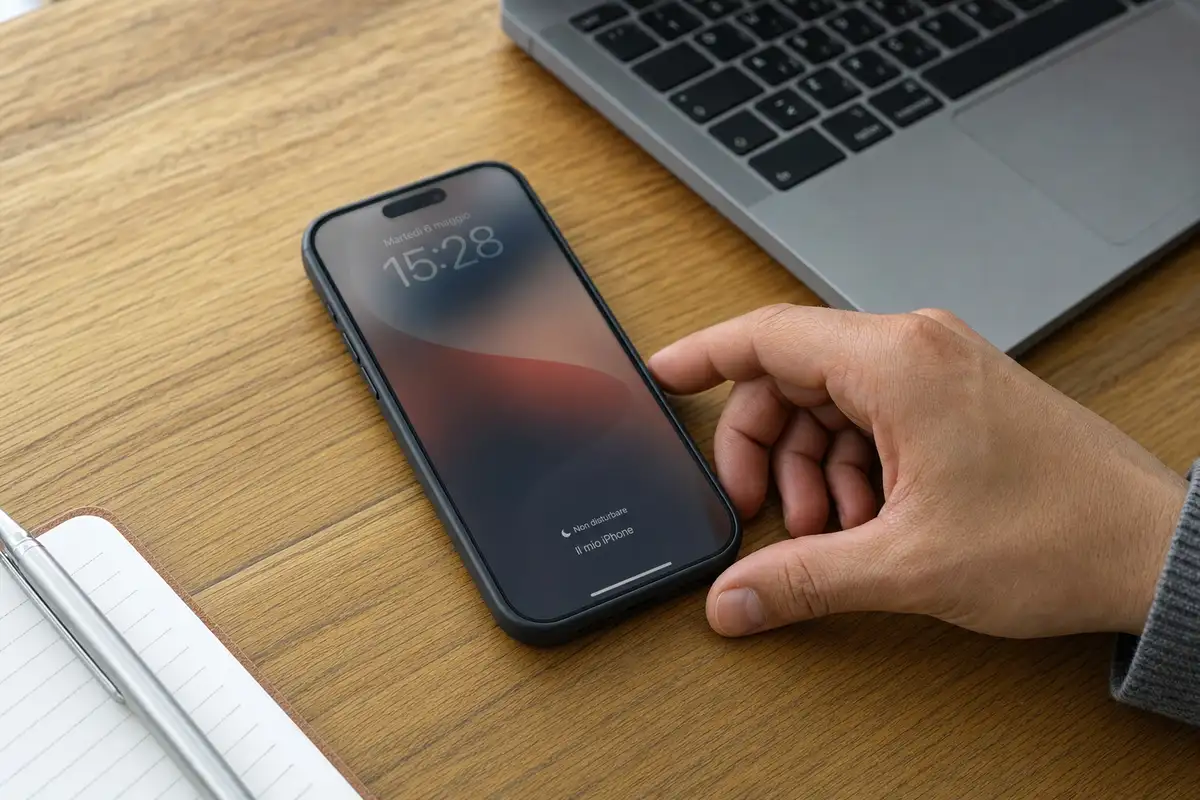 Smartphone sul tavolo con schermata di blocco e testo “Il mio iPhone”, mano accanto e laptop sullo sfondo