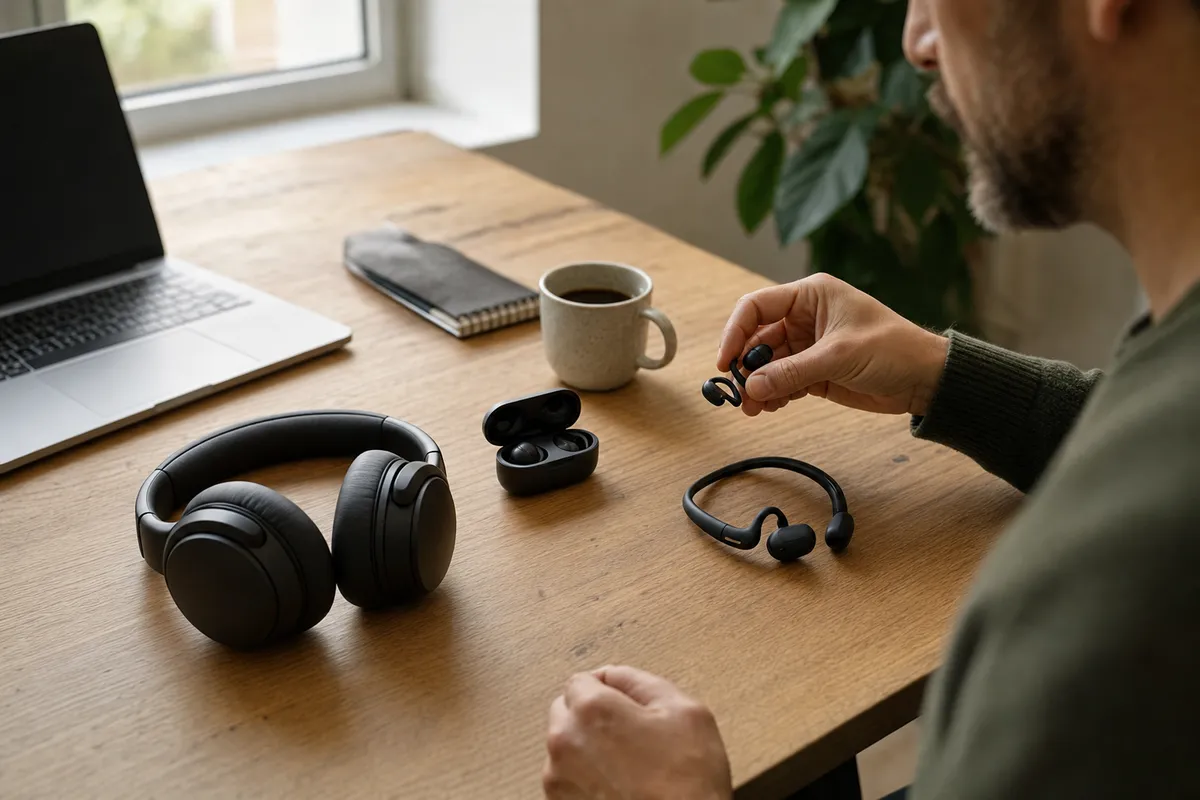 Persona confronta cuffie over-ear, auricolari true wireless e cuffie open-ear su una scrivania con laptop e tazza di caffè