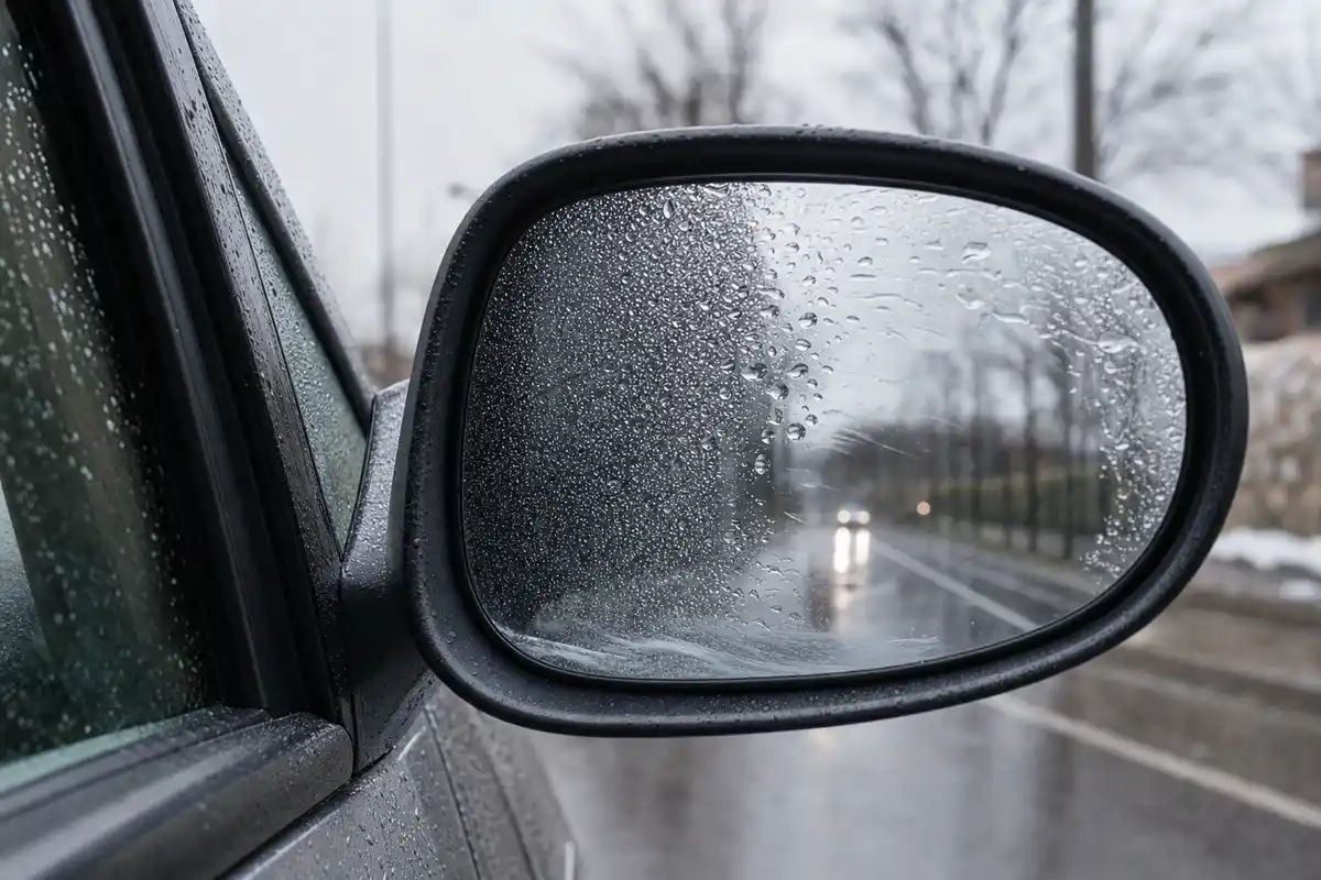 Specchietto laterale dell�auto bagnato dalla pioggia, con gocce e una zona pi� pulita, strada sfocata sullo sfondo