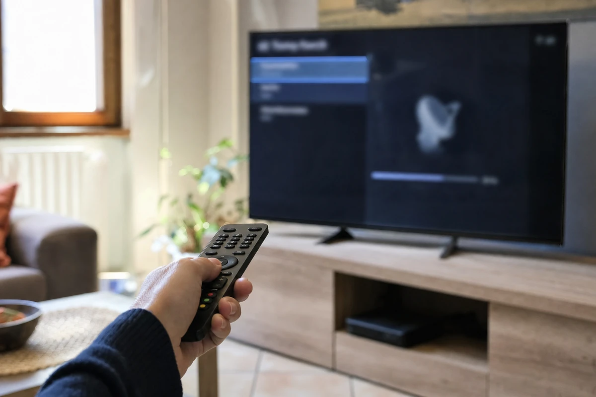 Mano con telecomando puntato verso una TV con menu impostazioni sfocato in salotto