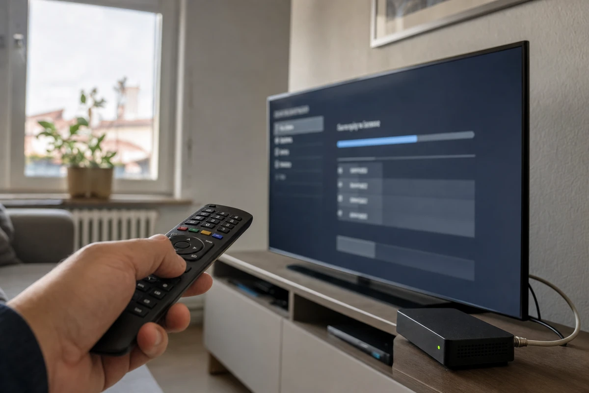 Mano con telecomando verso la TV che mostra una ricerca automatica dei canali in corso, con decoder collegato