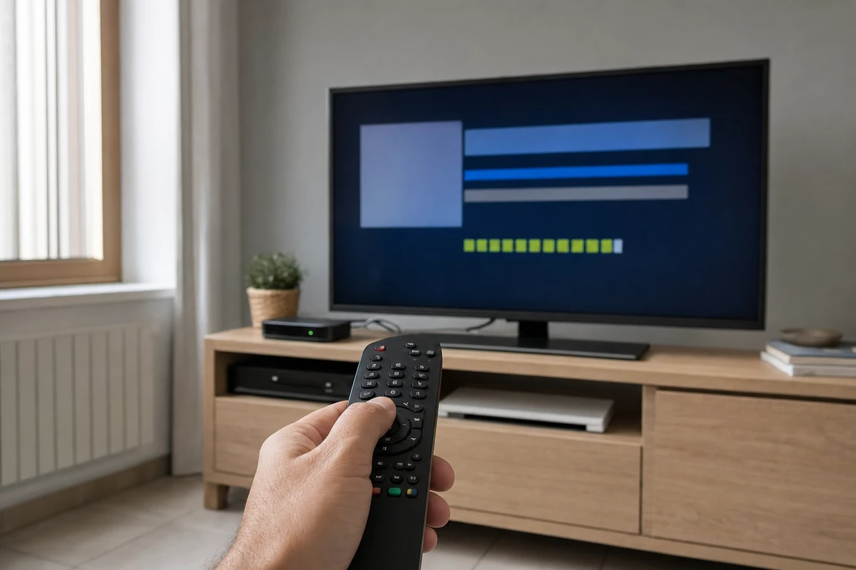 Mano con telecomando puntato verso TV con schermata di ricerca canali e barre di avanzamento