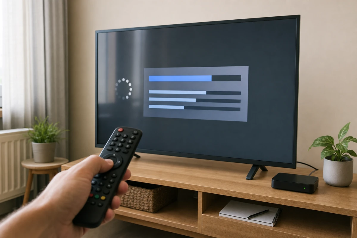 Telecomando puntato verso una TV con schermata di sintonizzazione e barre di avanzamento in salotto
