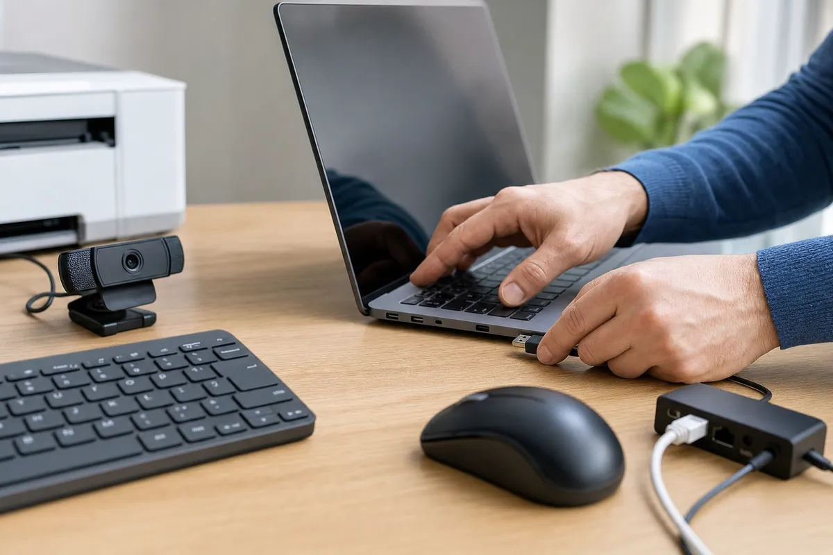 Mani collegano un cavo USB a un laptop su una scrivania con mouse, tastiera, webcam e stampante sullo sfondo