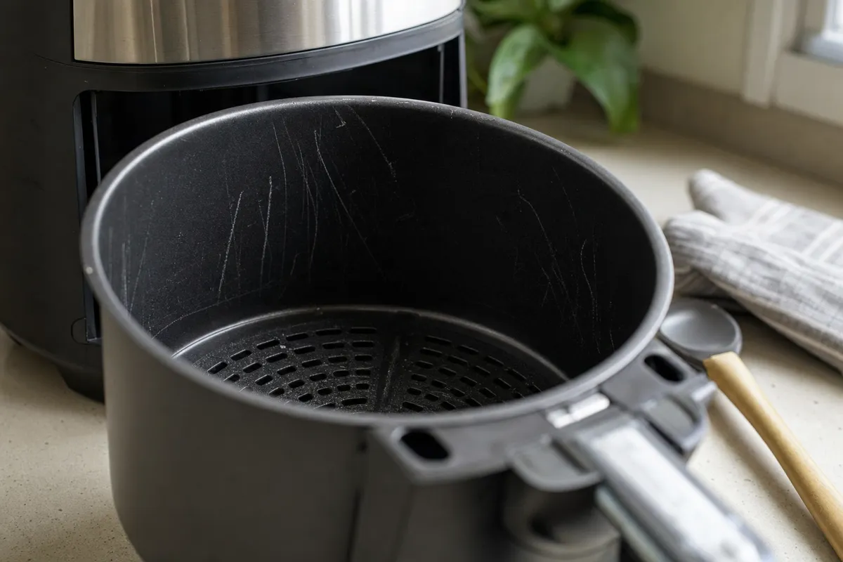 Cestello di friggitrice ad aria con rivestimento antiaderente visibilmente graffiato su un piano cucina