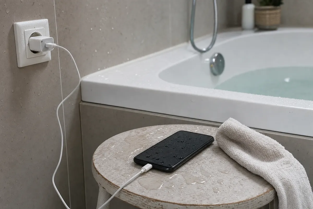Smartphone in carica su uno sgabello bagnato accanto a una vasca da bagno piena d’acqua