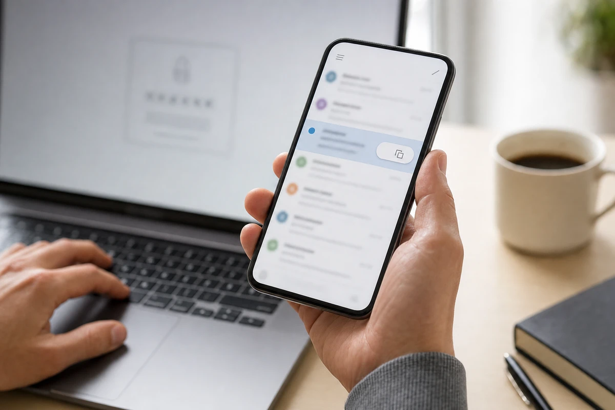 Mano che tiene uno smartphone con casella e-mail e pulsante rapido per copiare un codice, con laptop sullo sfondo