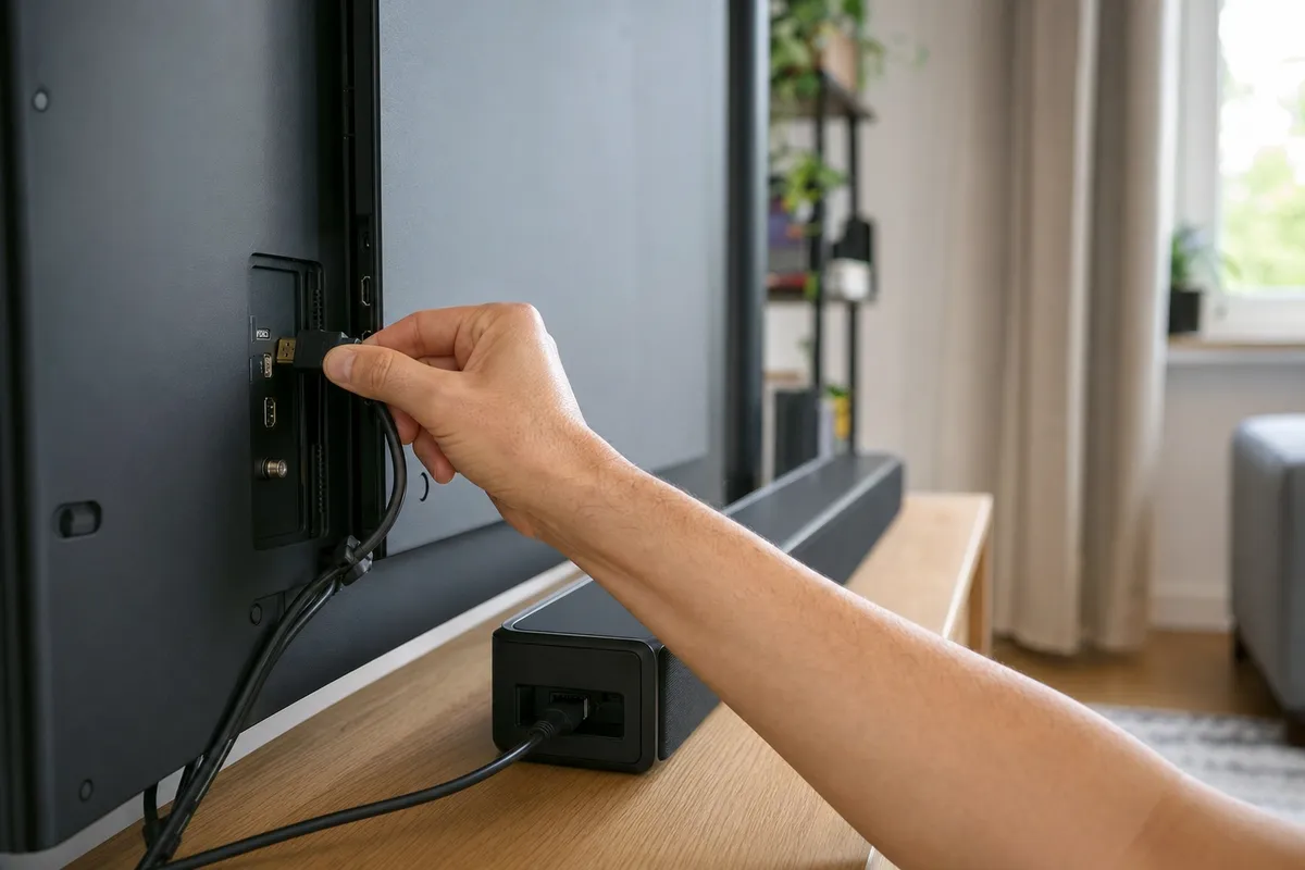 Mano che collega un cavo HDMI sul retro di una smart TV, con soundbar sul mobile in salotto