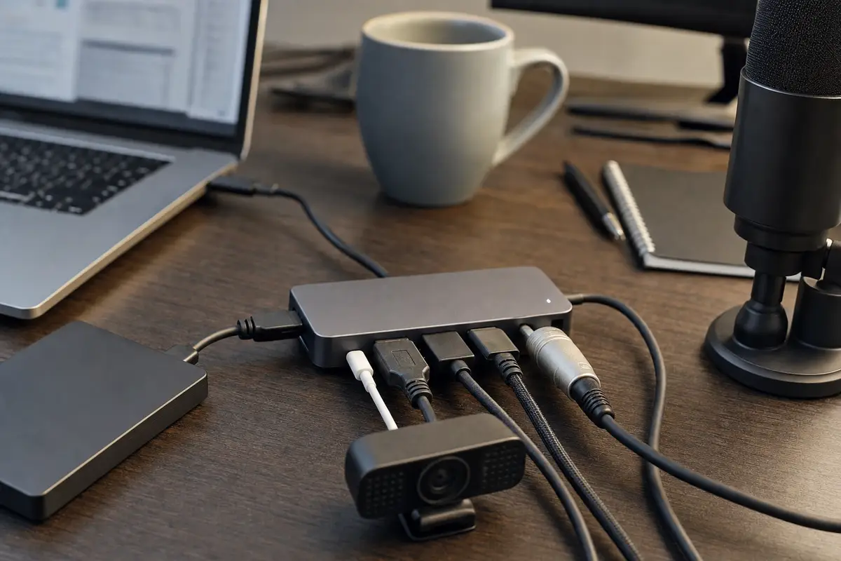 Hub USB collegato a un laptop con più cavi, hard disk esterno, webcam e microfono su scrivania