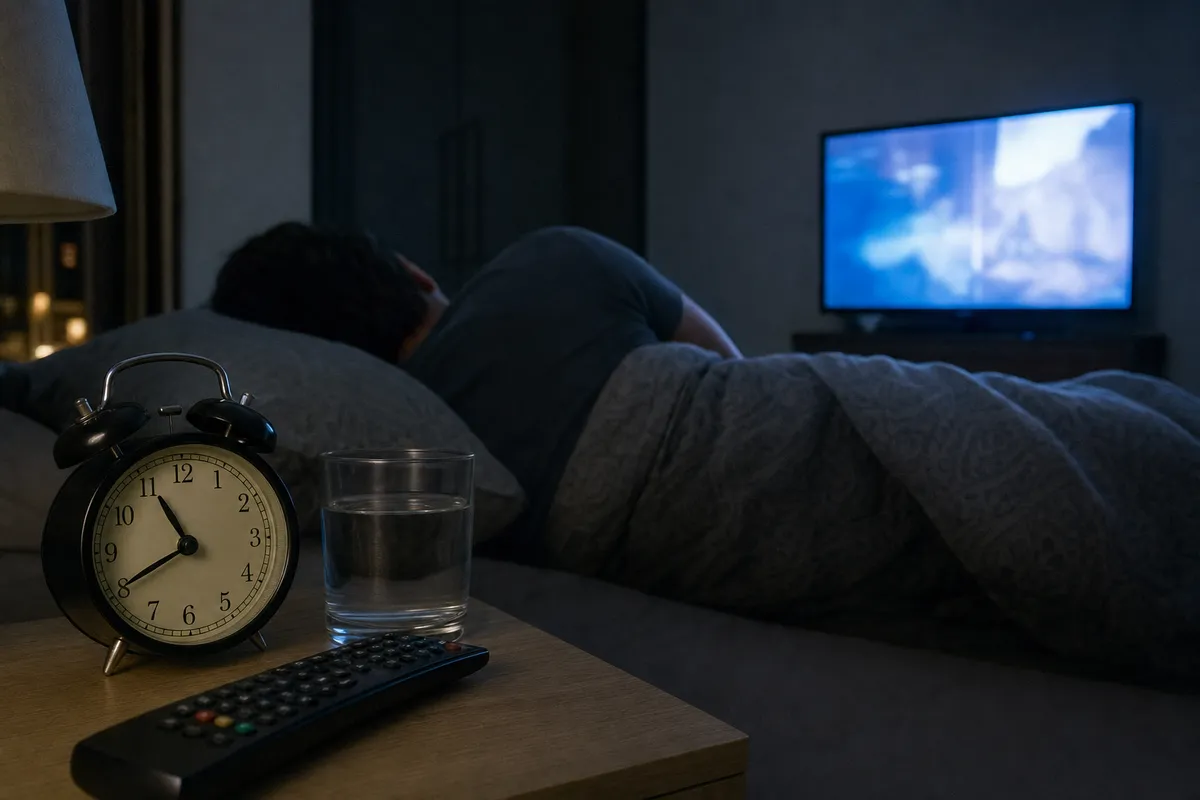 Persona che dorme a letto con la TV accesa sullo sfondo, comodino con sveglia analogica, bicchiere d’acqua e telecomando