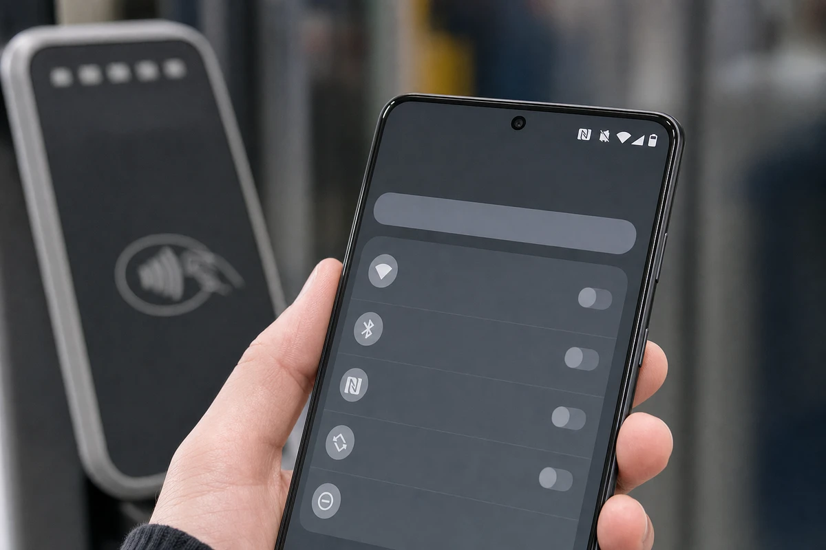 Smartphone Android in mano con icona N dell’NFC attiva nella barra di stato e terminale contactless sfocato sullo sfondo