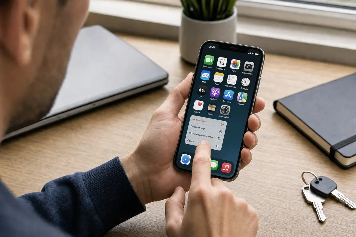 Mano che tiene un iPhone con menu rapido su un’icona app nella schermata Home, su una scrivania con laptop e chiavi
