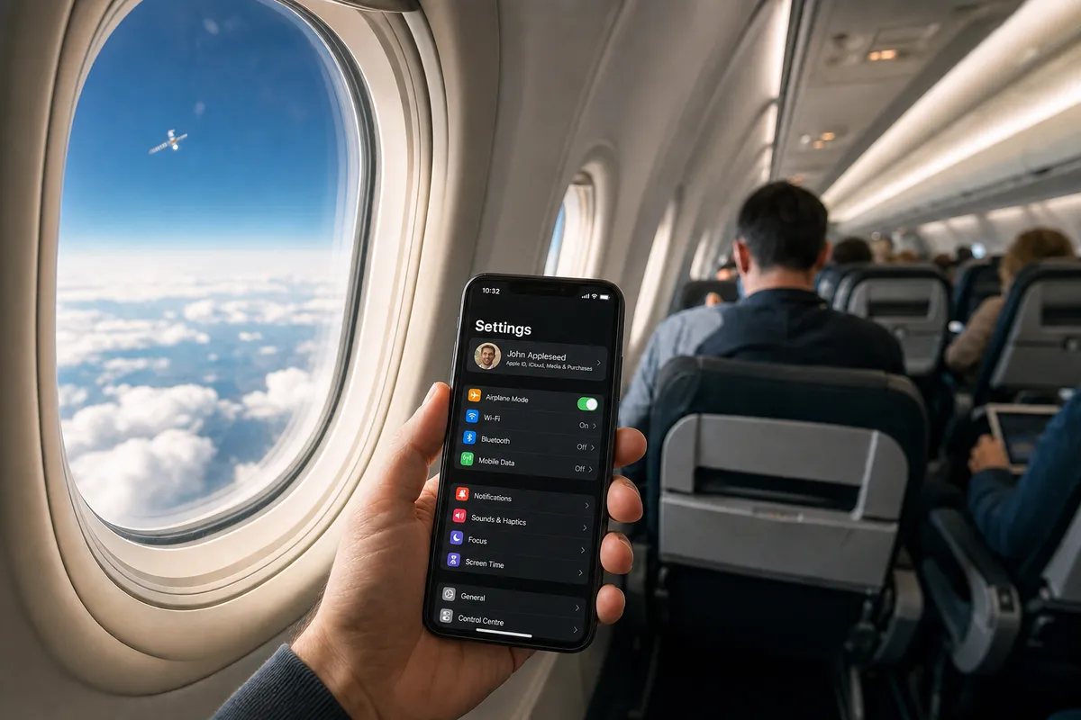 Smartphone con modalità aereo attiva e Wi‑Fi acceso, in cabina di un aereo con vista sulle nuvole dal finestrino