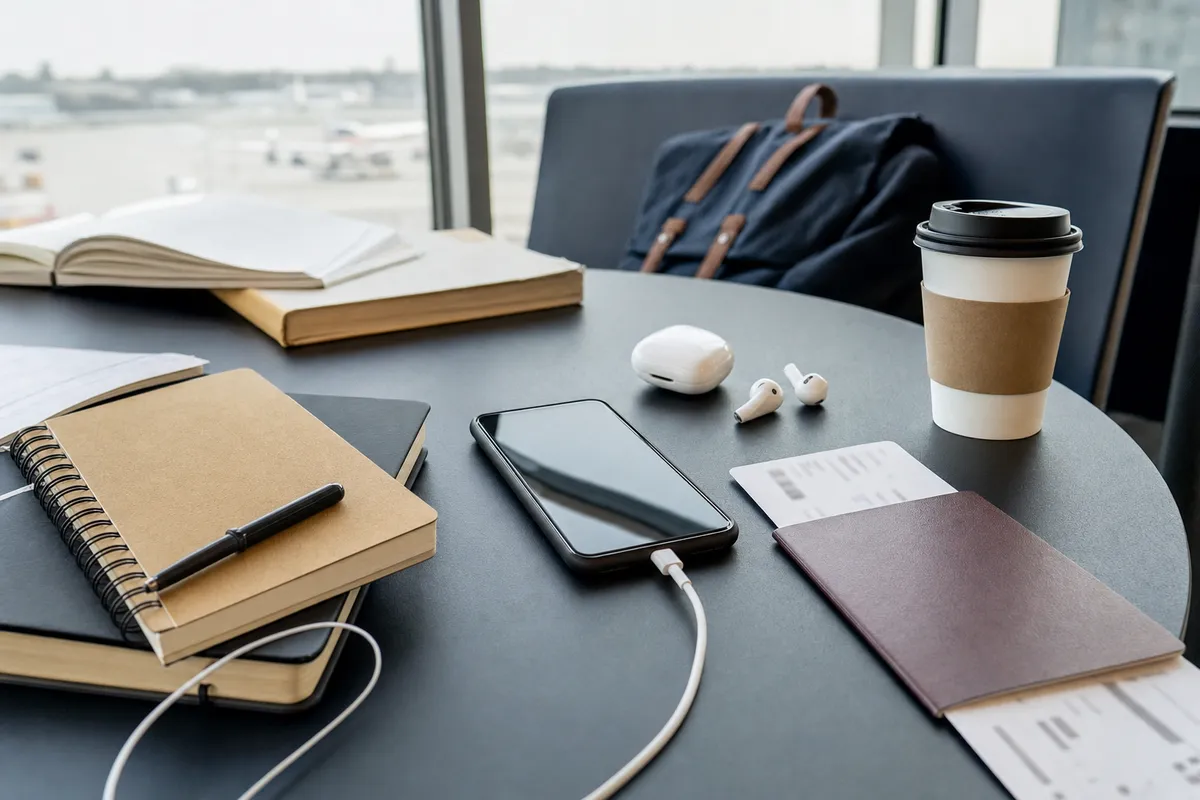Smartphone in ricarica su tavolo con quaderni, passaporto e carta d’imbarco sfocata in lounge aeroportuale
