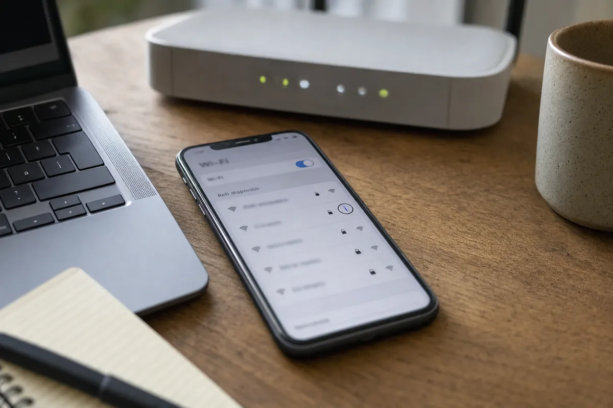 Smartphone con schermata impostazioni Wi‑Fi e icona “i” accanto a una rete, con router e LED sullo sfondo