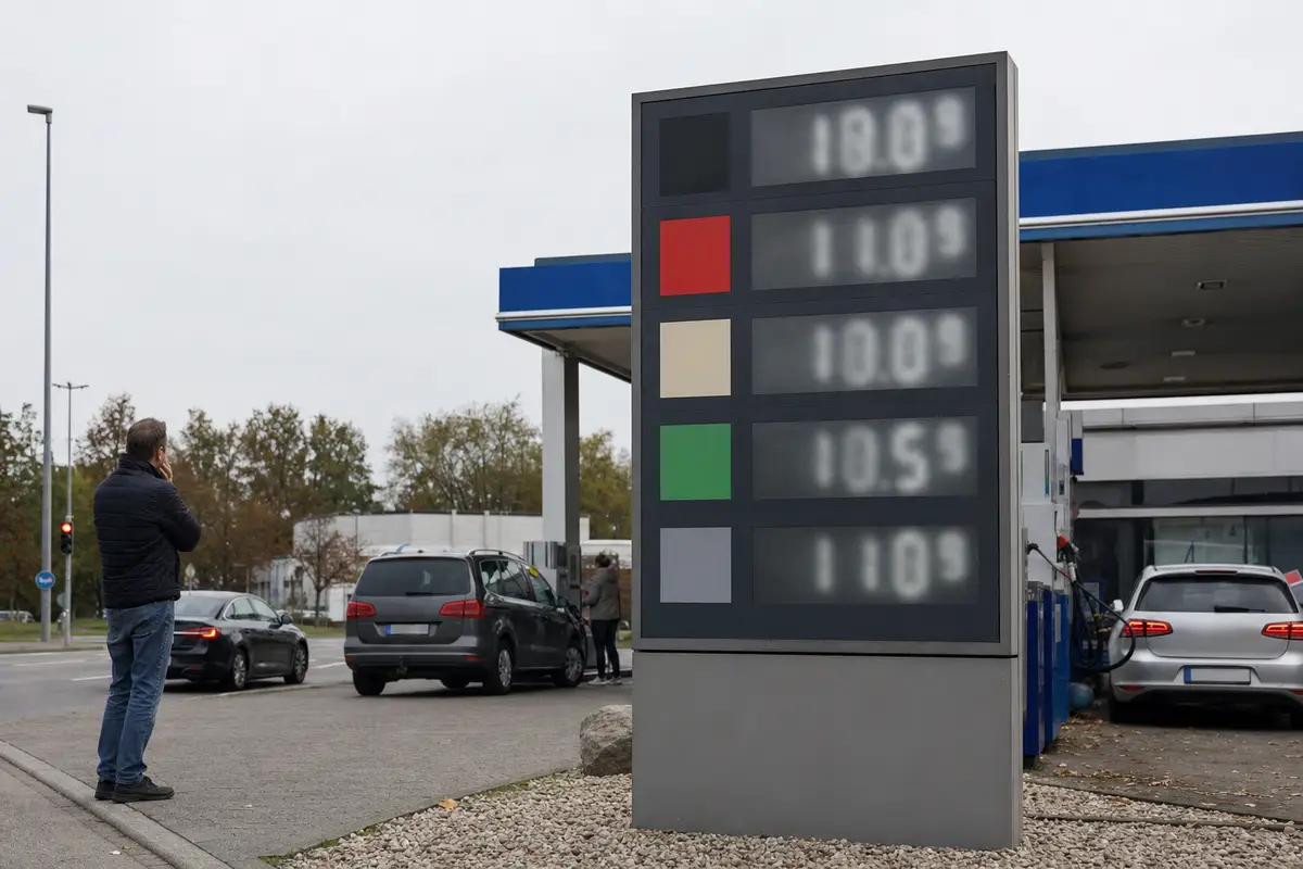 Tabellone digitale dei prezzi carburante sfocati in un distributore, con auto in rifornimento e un uomo che osserva