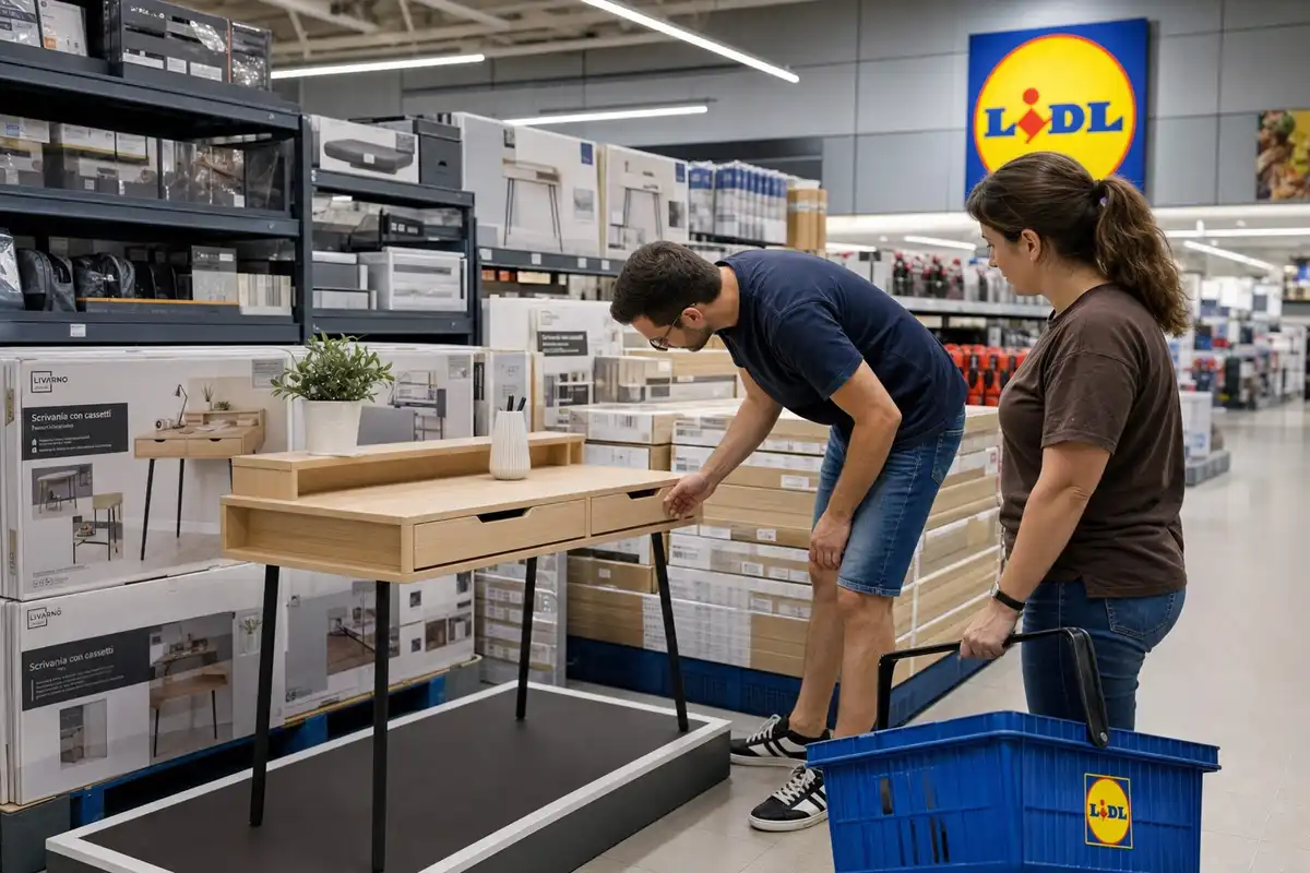 Scrivania in stile nordico con due cassetti esposta da Lidl, con due clienti che la osservano nel reparto casa