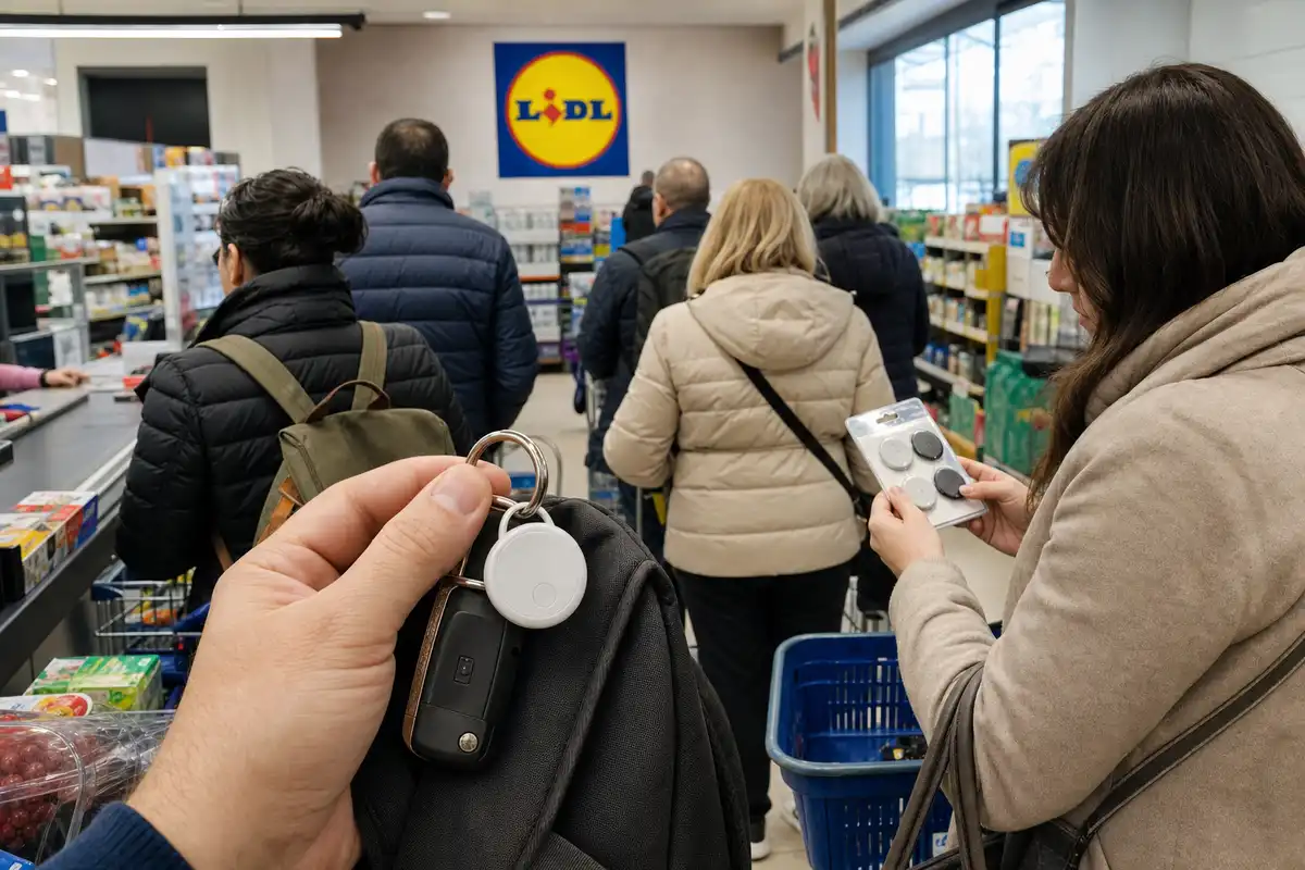 Mano con smart tag Bluetooth bianco su portachiavi e zaino in fila alle casse di Lidl, con logo sullo sfondo