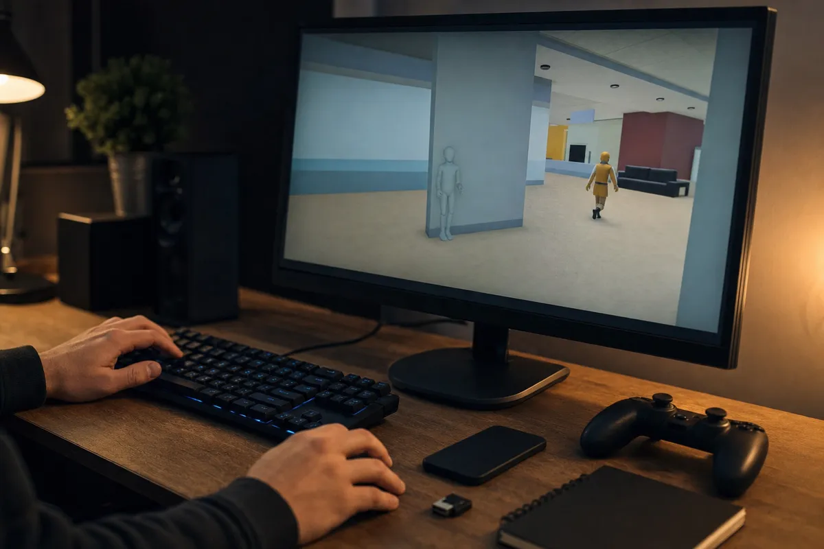 Scrivania da gaming con tastiera e monitor che mostra un gioco di nascondino, con un personaggio nascosto dietro un pilastro