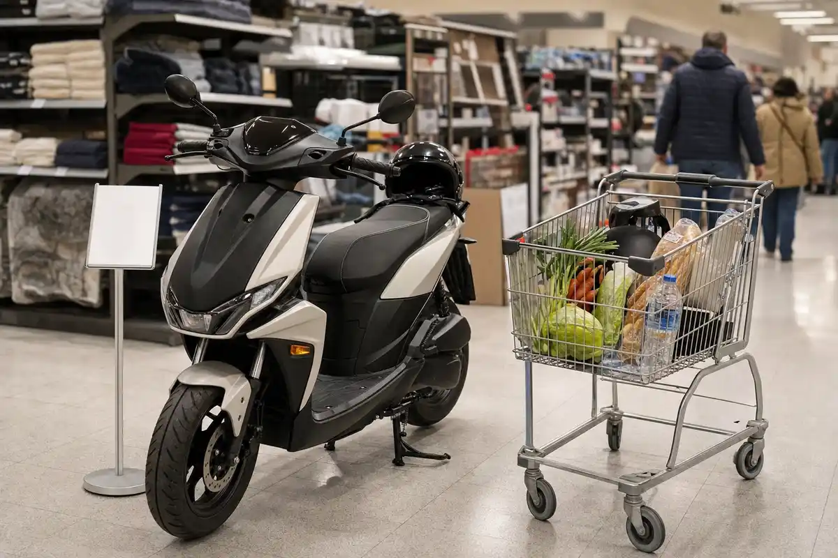 Scooter grigio e nero esposto in un supermercato accanto a un carrello con spesa e casco