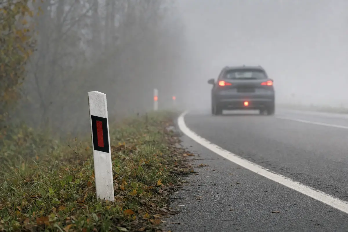 Paletto delineatore a bordo strada e auto che si allontana nella nebbia con retronebbia acceso