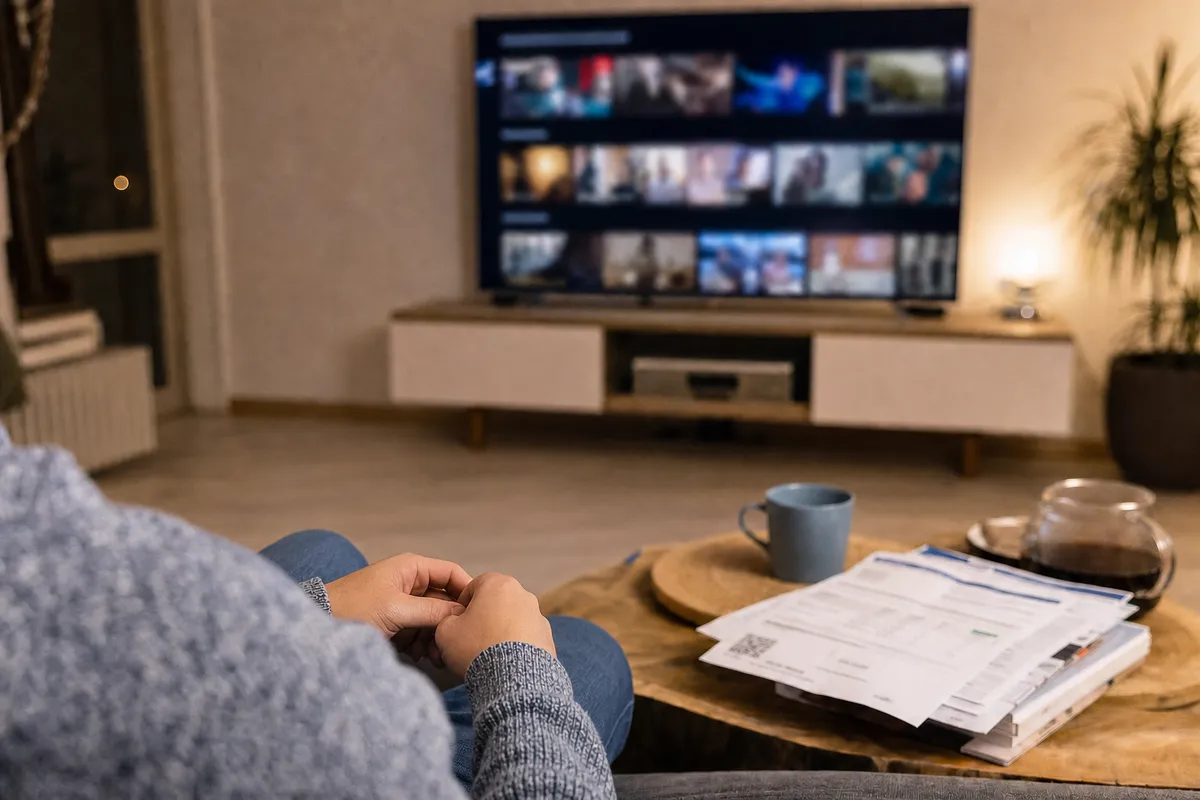 Persona sul divano davanti alla TV con schermata di streaming e bollette sul tavolino