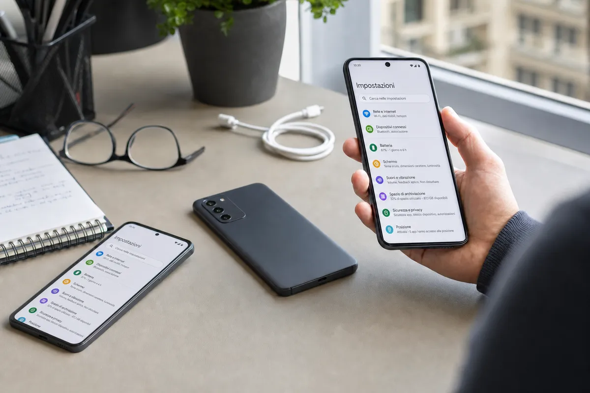 Mano che tiene uno smartphone con schermata Impostazioni, altri due telefoni su una scrivania con cavo e occhiali