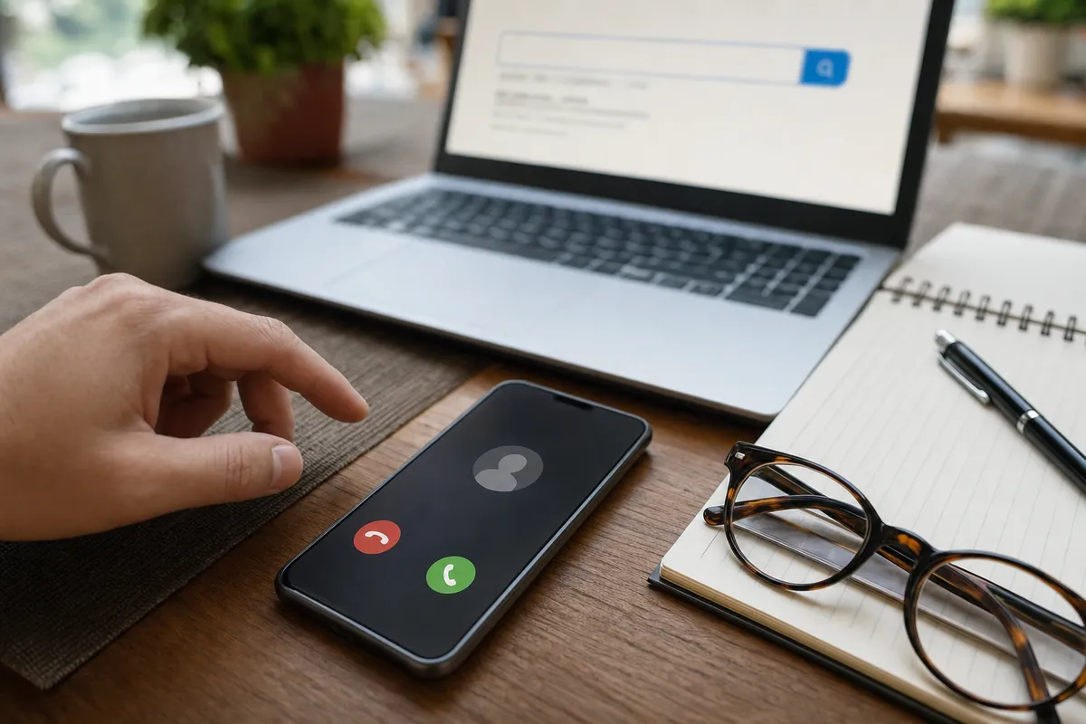 Smartphone con chiamata in arrivo da numero sconosciuto su scrivania, con laptop, occhiali e taccuino