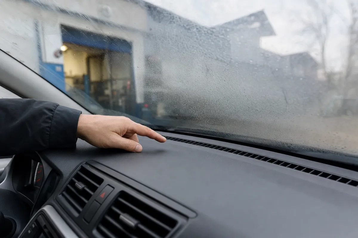 Mano che indica le bocchette sbrinatore sotto un parabrezza appannato dall’interno, con officina sfocata fuori