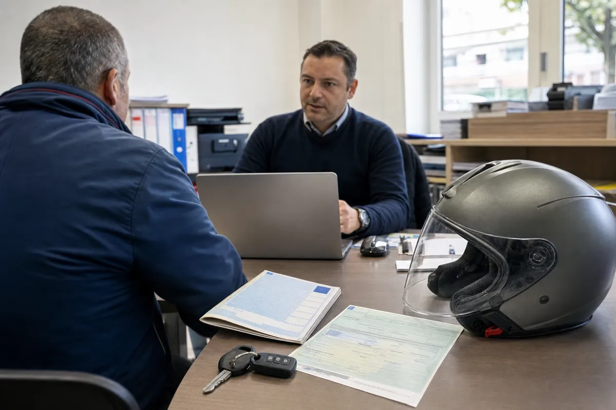 Uomo in ufficio pratiche auto con laptop, documenti, chiavi dell’auto e casco da moto su una scrivania