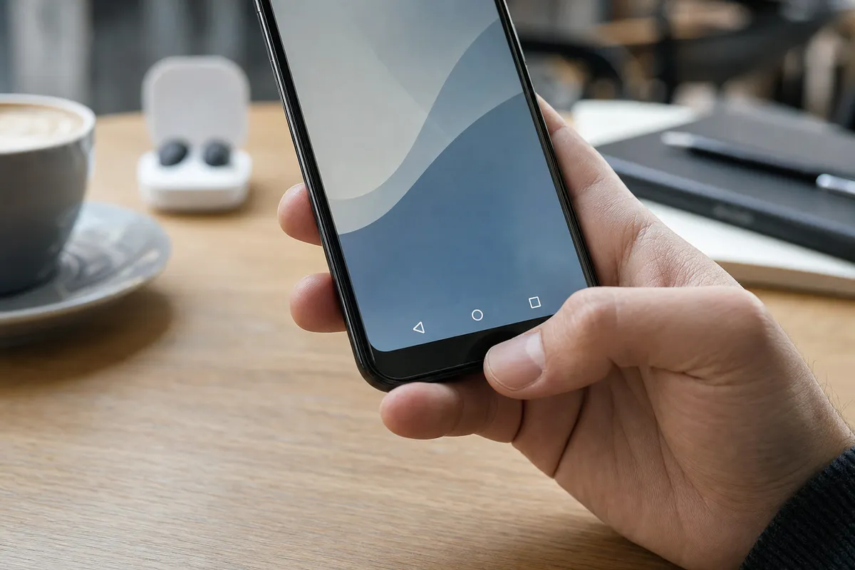 Mano che tiene uno smartphone Android con barra di navigazione a tre pulsanti visibile in basso