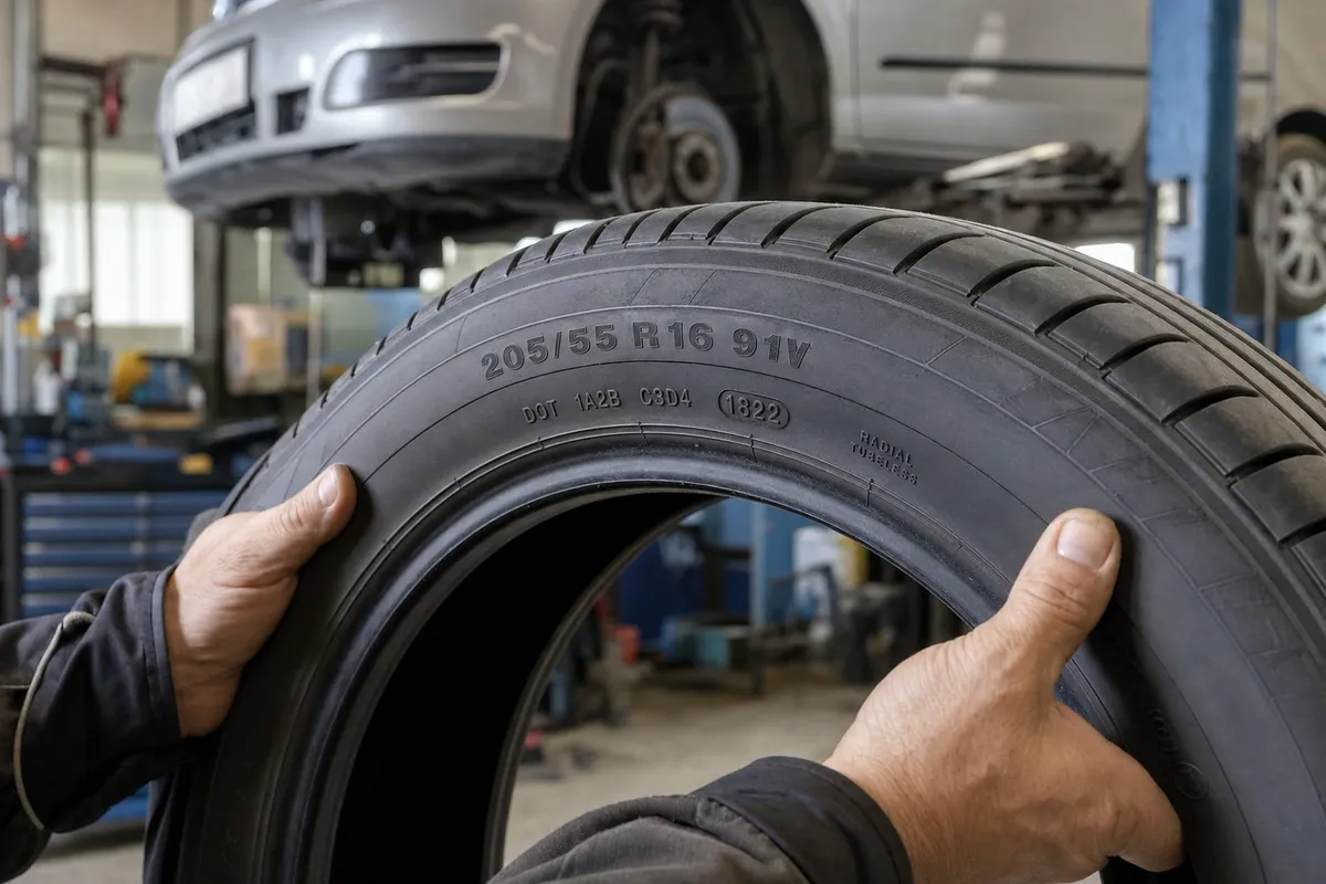 Mani che controllano la spalla di uno pneumatico con sigle 205/55 R16 91V in officina, auto sul ponte sullo sfondo