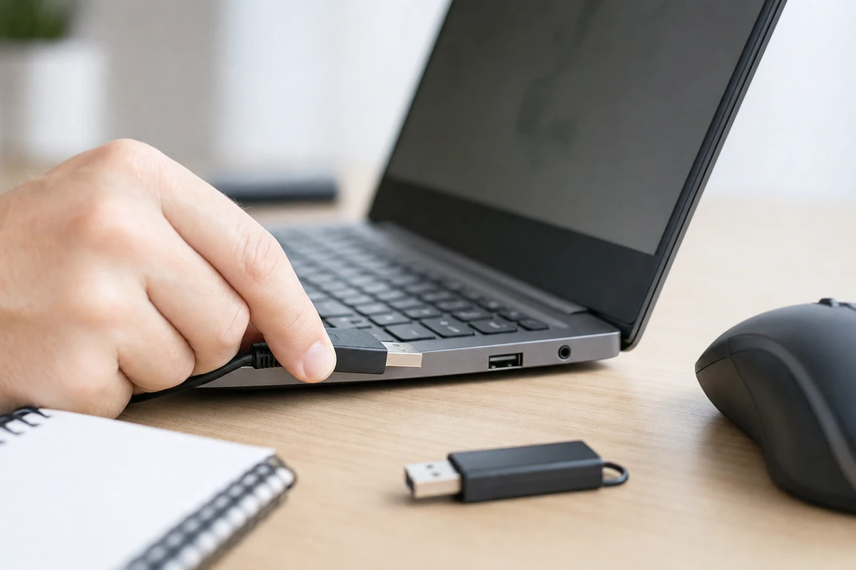 Mano che inserisce un cavo USB nella porta laterale di un laptop su una scrivania, con chiavetta USB e mouse accanto