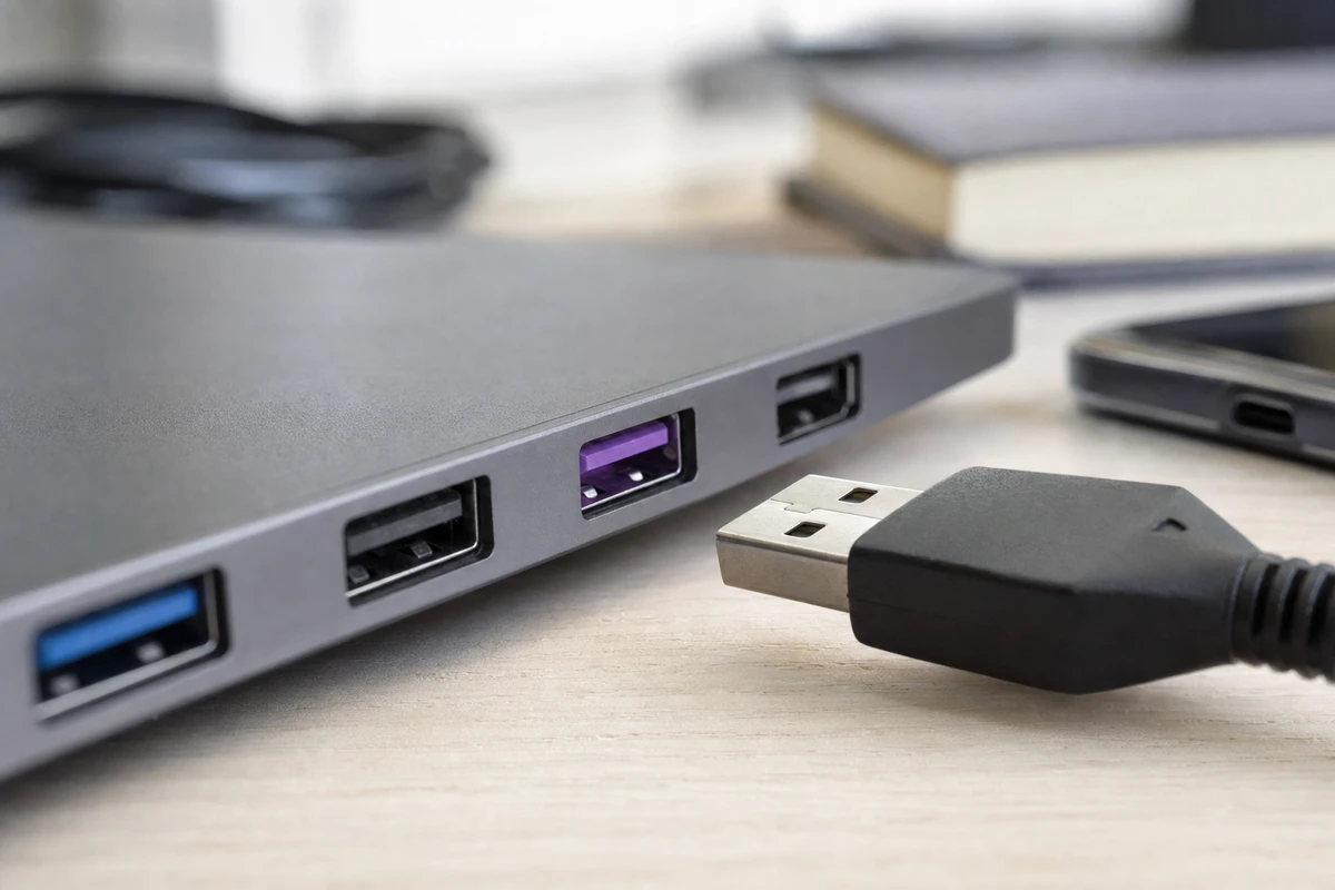 Porta USB-A viola su un hub con cavo USB in primo piano su una scrivania