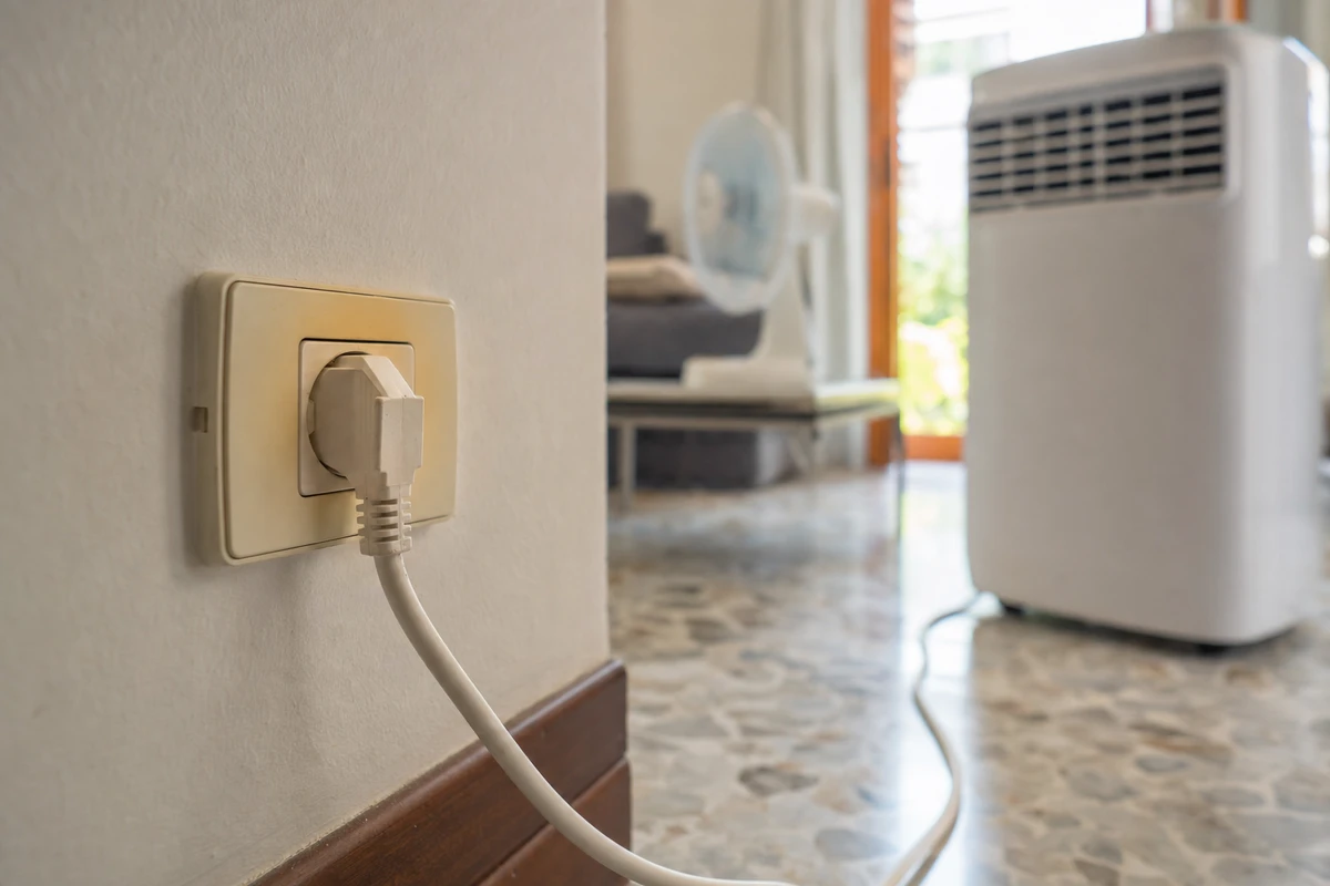 Presa elettrica a muro con spina inserita, cavo verso un climatizzatore portatile in salotto