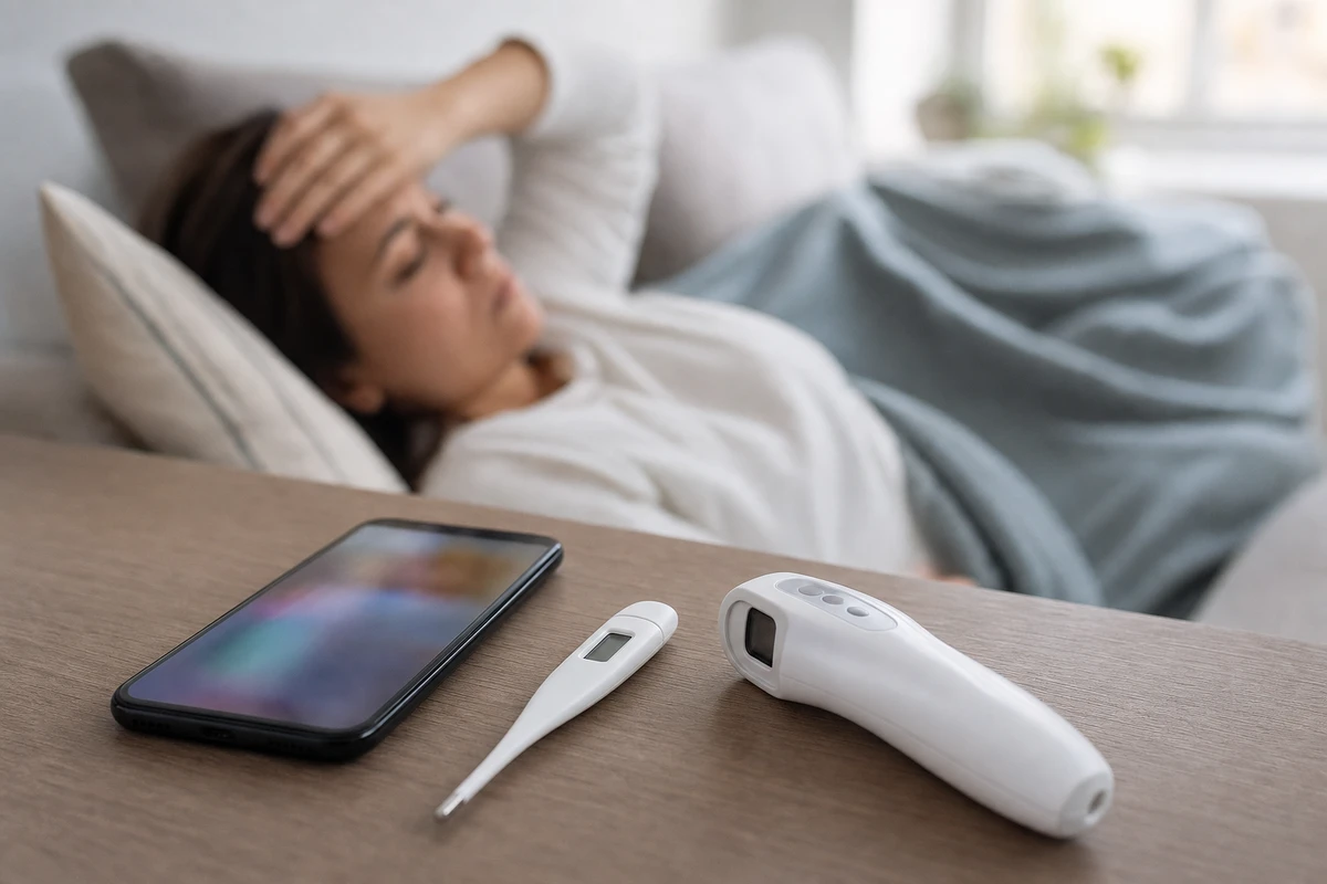 Smartphone e due termometri su un tavolino, con una donna sfocata sul letto che si tocca la fronte